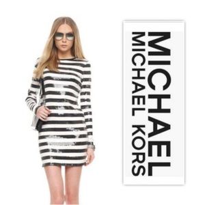 MICHAEL Michael Kors Black & White Stripe Sequin Long Sleeve Mini Dress